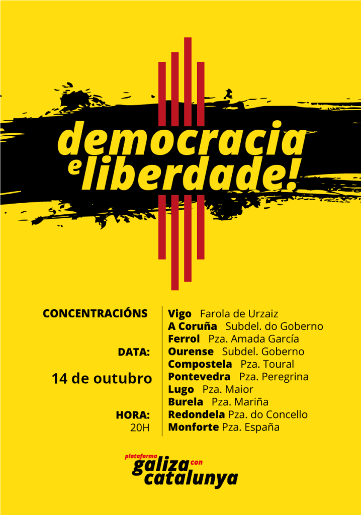 A Plataforma Galiza con Catalunya convoca concentracións para hoxe ás 20h